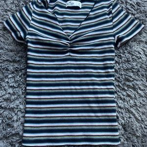 Hollister Blue and White Fitted Ruched T-Shirt